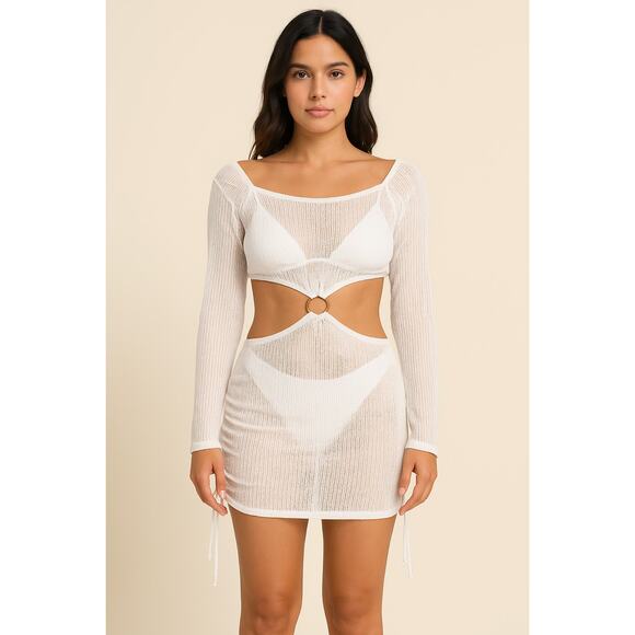 Women's Swim Cover Up‎ Dress Size S White Mesh 2 pc Cutout Y2K Rave Beach Sheer - Picture 1 of 4